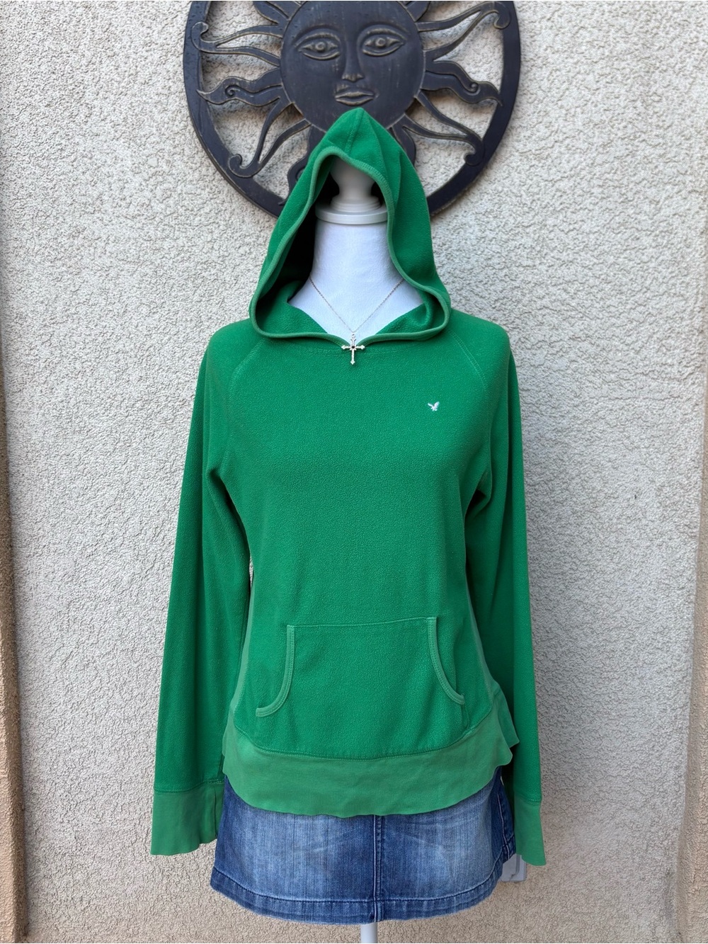 American Eagle Green Baby Pink Fleece Kangaroo Pocket Hoodie Y2K Preppy Cozy